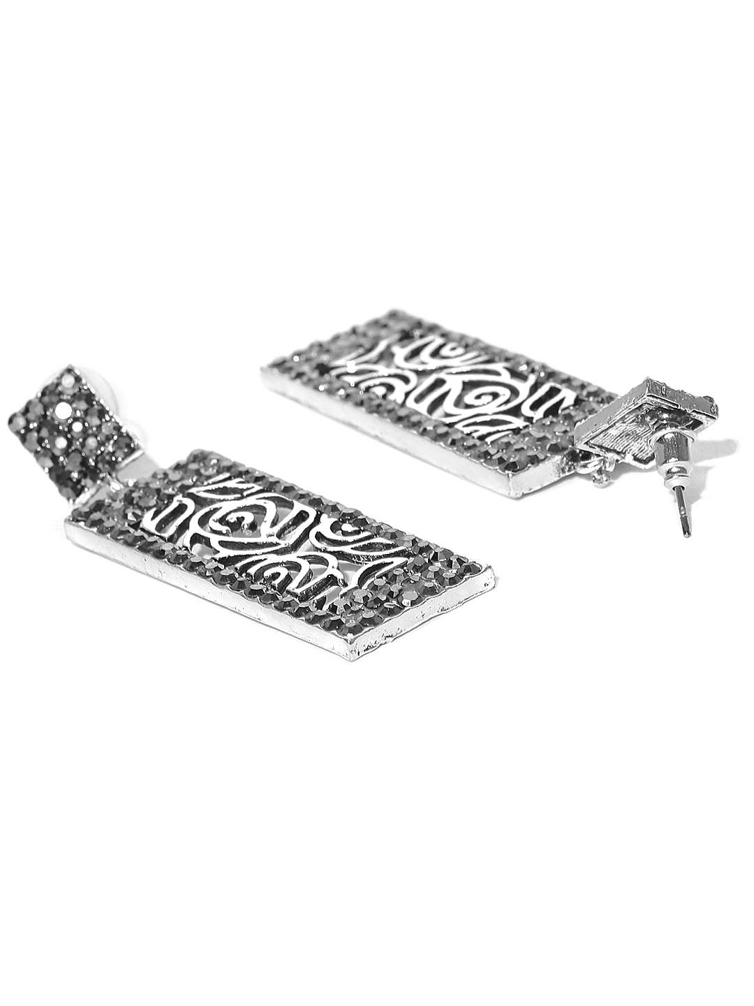 YouBella Oxidised Silver-Toned  Grey Geometric Drop Earrings